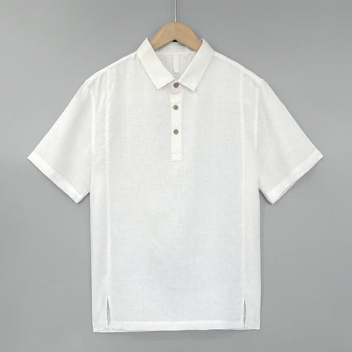 Buddha Stones 夏物カジュアル サイドスリット入り 無地リネン メンズ半袖シャツ - 白 - US/UK/AU44、 EU54 (4XL) - image 0