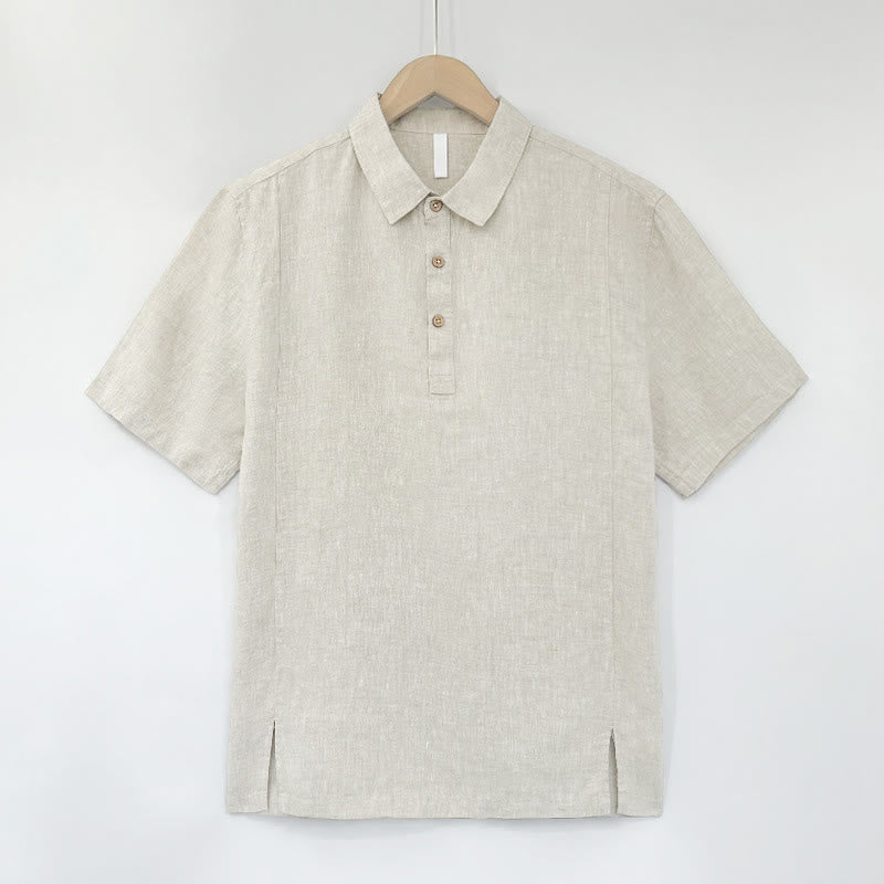 Buddha Stones 夏物カジュアル サイドスリット入り 無地リネン メンズ半袖シャツ - ベージュ - US/UK/AU44、 EU54 (4XL) - image 11