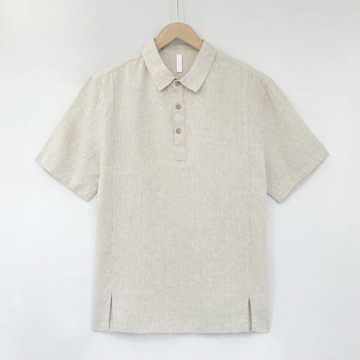 Buddha Stones 夏物カジュアル サイドスリット入り 無地リネン メンズ半袖シャツ - ベージュ - US/UK/AU44、 EU54 (4XL) - image 11
