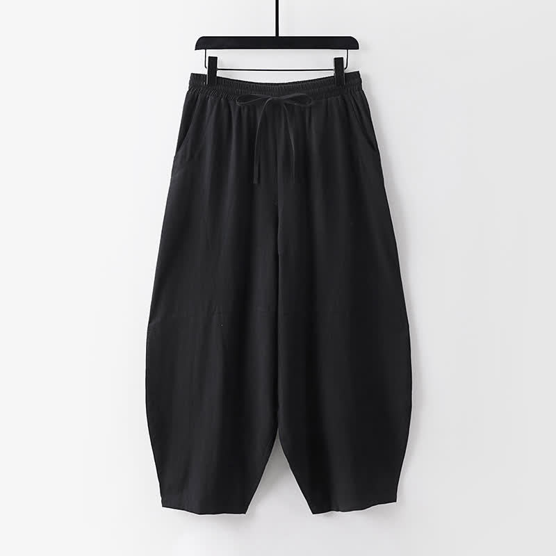 Buddha Stones 春夏カジュアルタンスタイルドローストリング無地シャツクロップドパンツメンズ瞑想服ポケット付き2点セット - image 5
