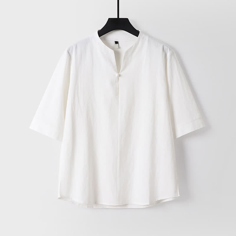 Buddha Stones 春夏カジュアルタンスタイルドローストリング無地シャツクロップドパンツメンズ瞑想服ポケット付き2点セット - image 16