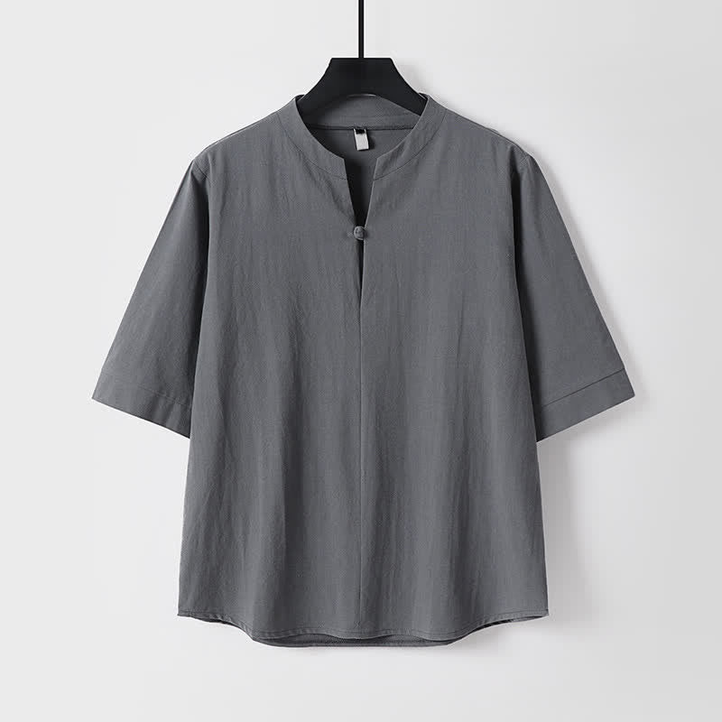 Buddha Stones 春夏カジュアルタンスタイルドローストリング無地シャツクロップドパンツメンズ瞑想服ポケット付き2点セット - image 1