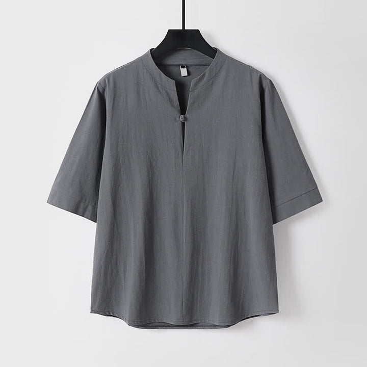 Buddha Stones 春夏カジュアルタンスタイルドローストリング無地シャツクロップドパンツメンズ瞑想服ポケット付き2点セット - image 1