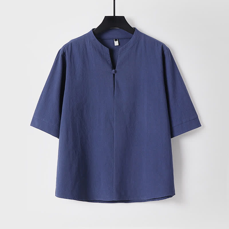 Buddha Stones 春夏カジュアルタンスタイルドローストリング無地シャツクロップドパンツメンズ瞑想服ポケット付き2点セット - image 7