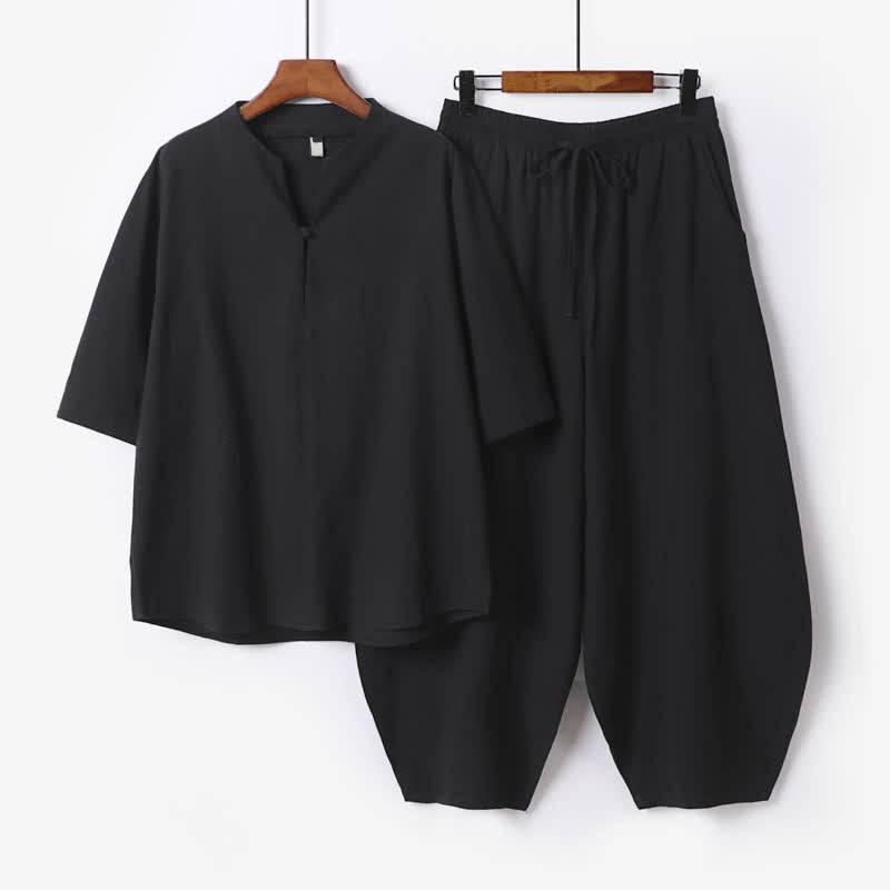 Buddha Stones 春夏カジュアルタンスタイルドローストリング無地シャツクロップドパンツメンズ瞑想服ポケット付き2点セット - 黒 - US/UK/AU54、 EU64 (9XL) - image 3