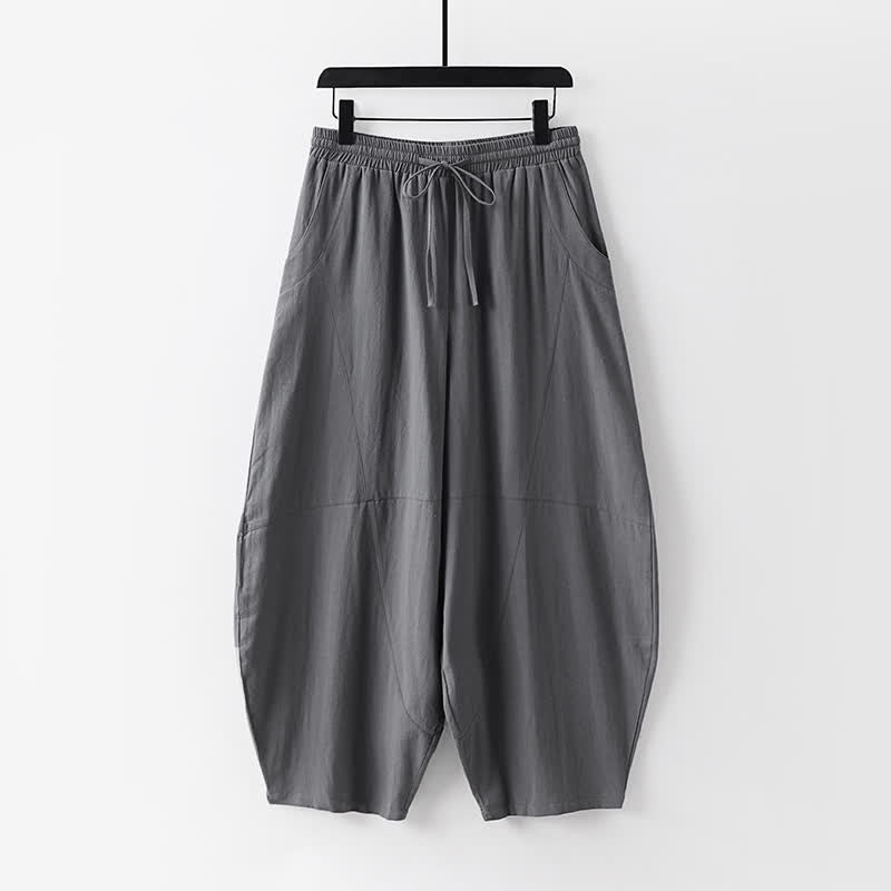 Buddha Stones 春夏カジュアルタンスタイルドローストリング無地シャツクロップドパンツメンズ瞑想服ポケット付き2点セット - image 2