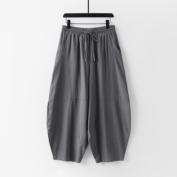 Buddha Stones 春夏カジュアルタンスタイルドローストリング無地シャツクロップドパンツメンズ瞑想服ポケット付き2点セット - image 2