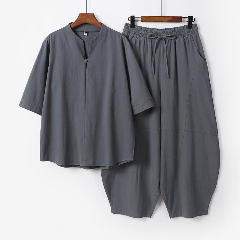 Buddha Stones 春夏カジュアルタンスタイルドローストリング無地シャツクロップドパンツメンズ瞑想服ポケット付き2点セット - スレートグレー - US/UK/AU54、 EU64 (9XL) - image 0