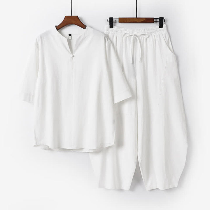 Buddha Stones 春夏カジュアルタンスタイルドローストリング無地シャツクロップドパンツメンズ瞑想服ポケット付き2点セット - 白 - US/UK/AU54、 EU64 (9XL) - image 15