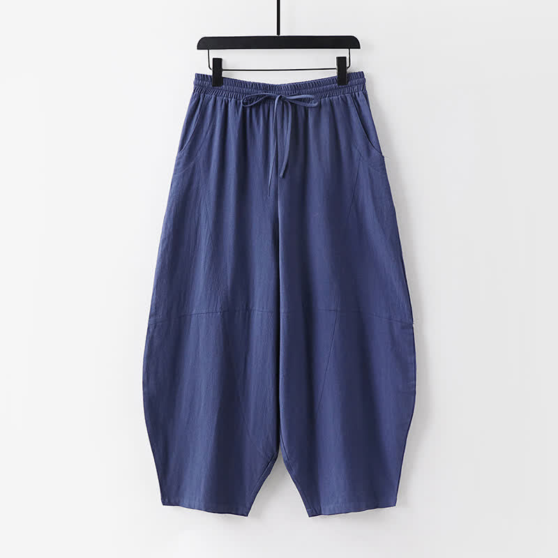 Buddha Stones 春夏カジュアルタンスタイルドローストリング無地シャツクロップドパンツメンズ瞑想服ポケット付き2点セット - image 9
