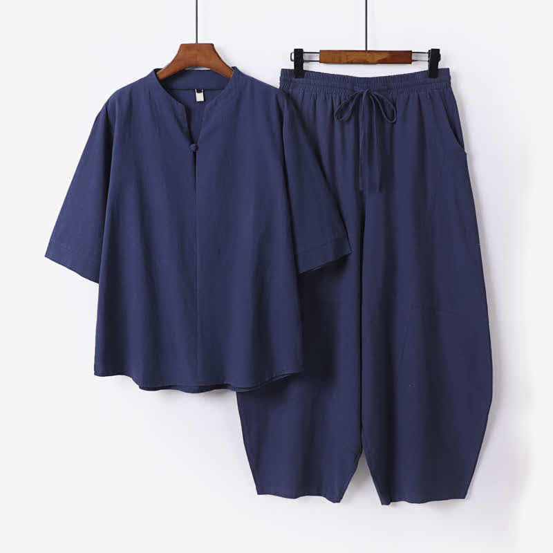 Buddha Stones 春夏カジュアルタンスタイルドローストリング無地シャツクロップドパンツメンズ瞑想服ポケット付き2点セット - ミッドナイトブルー - US/UK/AU54、 EU64 (9XL) - image 6