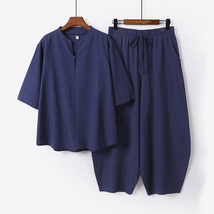 Buddha Stones 春夏カジュアルタンスタイルドローストリング無地シャツクロップドパンツメンズ瞑想服ポケット付き2点セット - ミッドナイトブルー - US/UK/AU54、 EU64 (9XL) - image 6