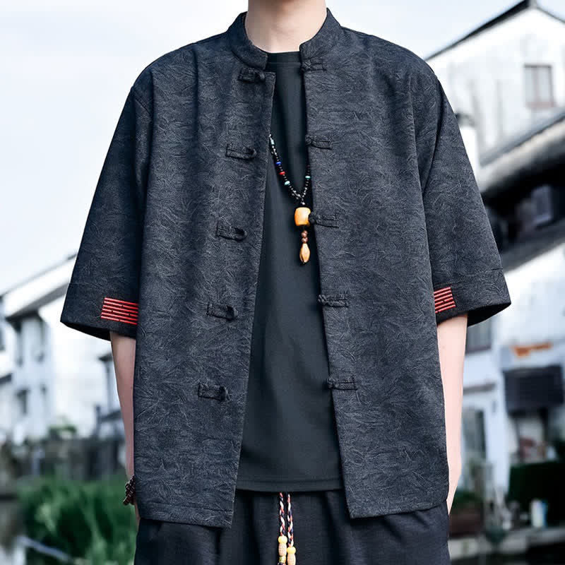 Buddha Stones 夏物 唐風 マンダリンカラー フロッグボタン 無地 メンズ 半袖シャツ - 黒 - US/UK/AU46、 EU56 (5XL) - image 5