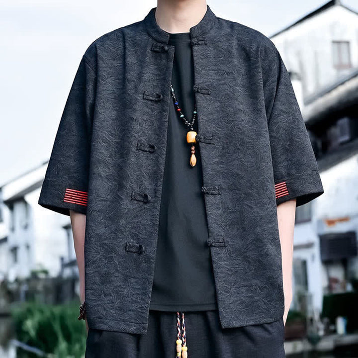 Buddha Stones 夏物 唐風 マンダリンカラー フロッグボタン 無地 メンズ 半袖シャツ - 黒 - US/UK/AU46、 EU56 (5XL) - image 5