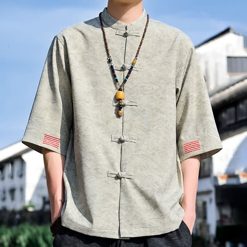 Buddha Stones 夏物 唐風 マンダリンカラー フロッグボタン 無地 メンズ 半袖シャツ - image 1