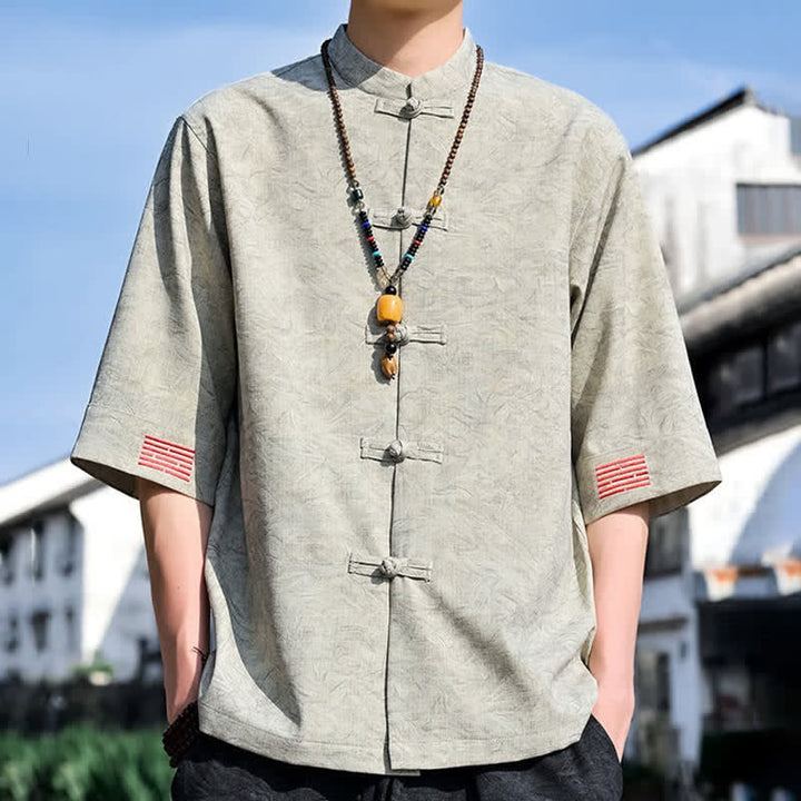 Buddha Stones 夏物 唐風 マンダリンカラー フロッグボタン 無地 メンズ 半袖シャツ - image 1