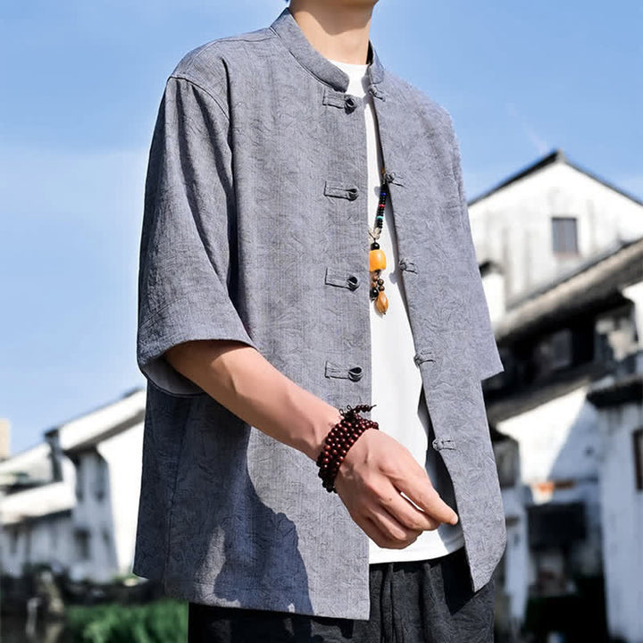Buddha Stones 夏物 唐風 マンダリンカラー フロッグボタン 無地 メンズ 半袖シャツ - image 15