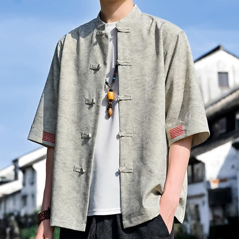 Buddha Stones 夏物 唐風 マンダリンカラー フロッグボタン 無地 メンズ 半袖シャツ - image 4