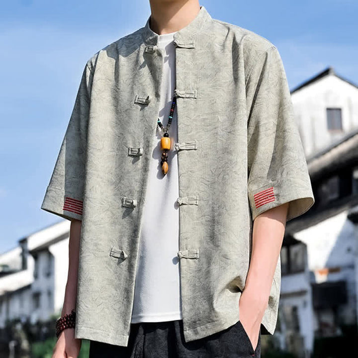 Buddha Stones 夏物 唐風 マンダリンカラー フロッグボタン 無地 メンズ 半袖シャツ - image 4