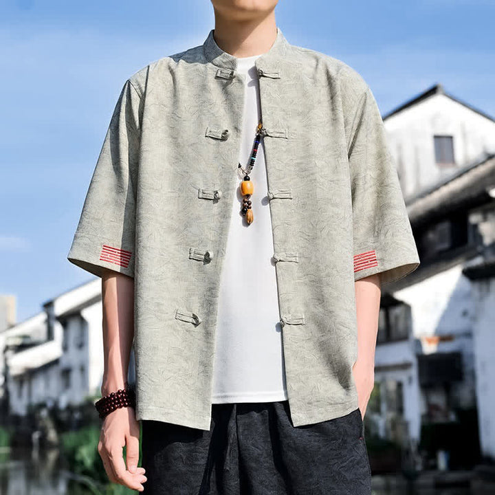 Buddha Stones 夏物 唐風 マンダリンカラー フロッグボタン 無地 メンズ 半袖シャツ - ベージュ - US/UK/AU46、 EU56 (5XL) - image 0