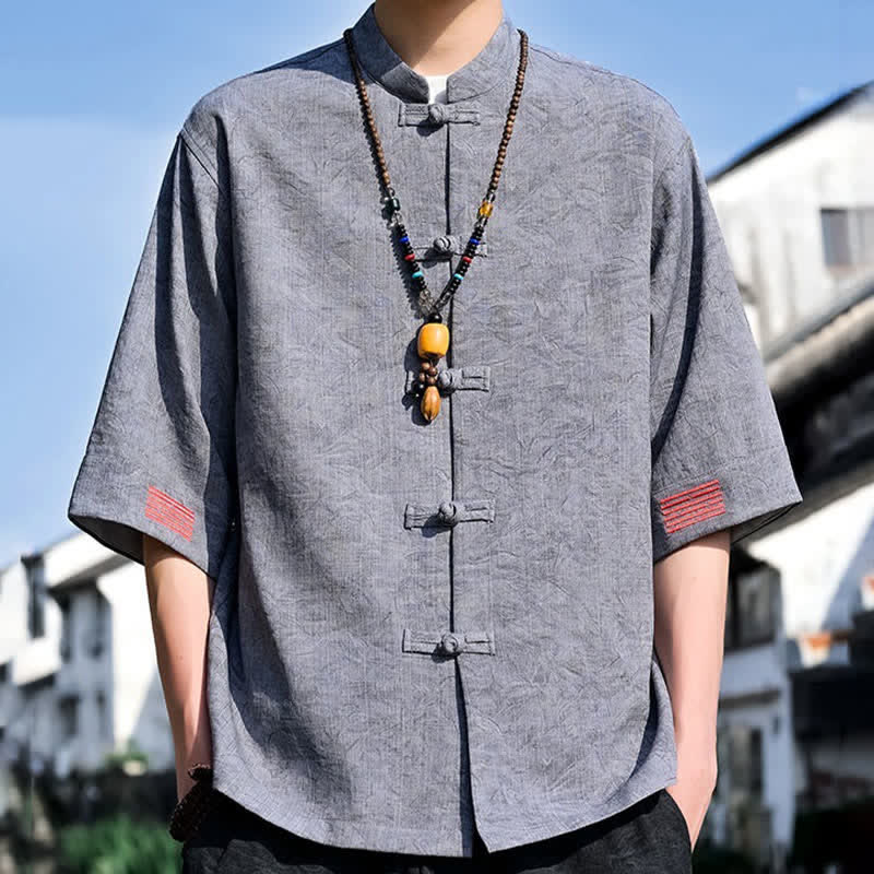 Buddha Stones 夏物 唐風 マンダリンカラー フロッグボタン 無地 メンズ 半袖シャツ - ライトグレー - US/UK/AU46、 EU56 (5XL) - image 12