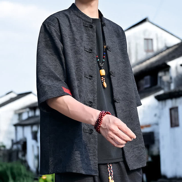 Buddha Stones 夏物 唐風 マンダリンカラー フロッグボタン 無地 メンズ 半袖シャツ - image 8