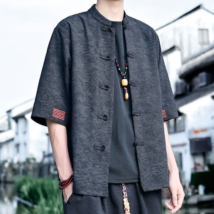 Buddha Stones 夏物 唐風 マンダリンカラー フロッグボタン 無地 メンズ 半袖シャツ - image 10