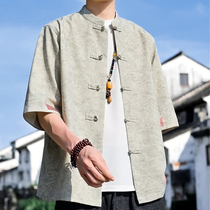 Buddha Stones 夏物 唐風 マンダリンカラー フロッグボタン 無地 メンズ 半袖シャツ - image 3