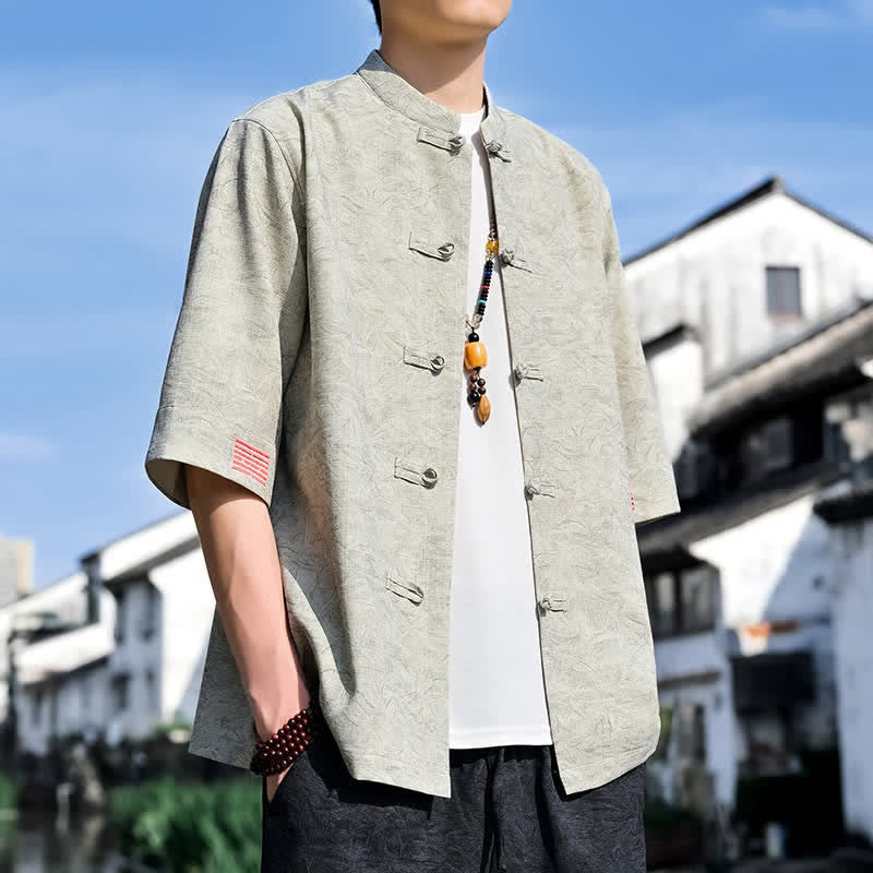 Buddha Stones 夏物 唐風 マンダリンカラー フロッグボタン 無地 メンズ 半袖シャツ - image 2