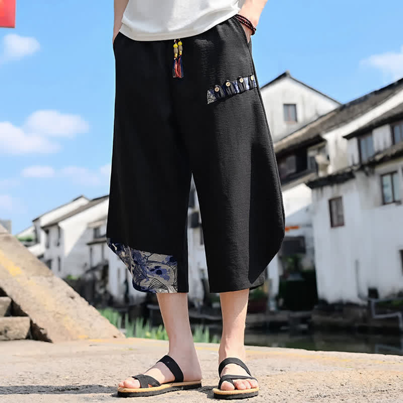 Buddha Stones 夏物カジュアルヴィンテージドローストリング花柄カプリパンツメンズハーレムパンツポケット付き - 黒 - US/UK/AU46, EU56 （5XL） - image 0