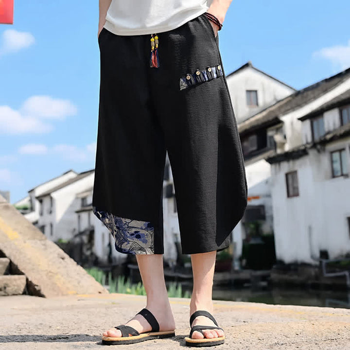 Buddha Stones 夏物カジュアルヴィンテージドローストリング花柄カプリパンツメンズハーレムパンツポケット付き - 黒 - US/UK/AU46, EU56 （5XL） - image 0