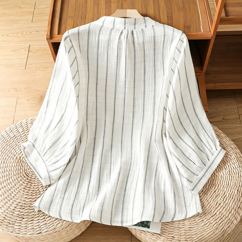 Buddha Stones 夏物カジュアルミニマリストストライプ柄ボタンアップ半袖レディースシャツ - image 1