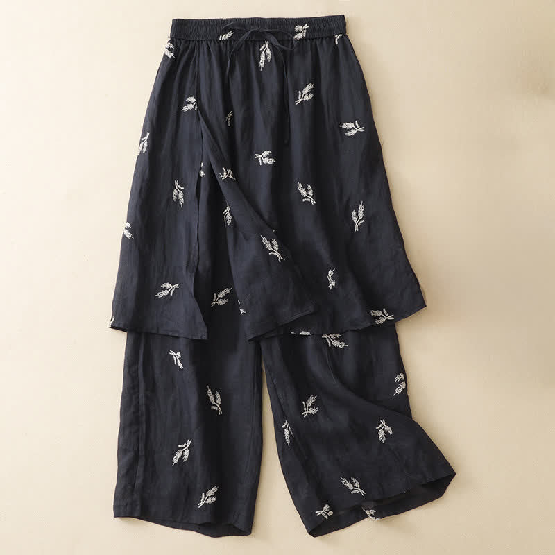 Buddha Stones 夏物 ボヘミアン カジュアル 花柄 ドローストリング クロップドパンツ レディース ワイドレッグパンツ - 黒 - US8-10, UK/AU12-14, EU40-42 （2XL） - image 0