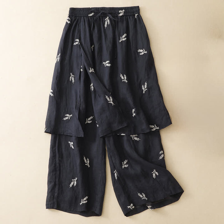 Buddha Stones 夏物 ボヘミアン カジュアル 花柄 ドローストリング クロップドパンツ レディース ワイドレッグパンツ - 黒 - US8-10, UK/AU12-14, EU40-42 （2XL） - image 0