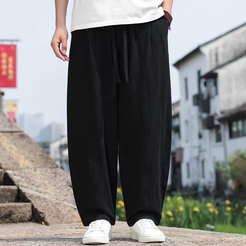 Buddha Stones 夏物カジュアルミニマリストドローストリング無地コットンロングパンツメンズハーレムパンツポケット付き - 黒 - US/UK/AU46, EU56 （5XL） - image 9