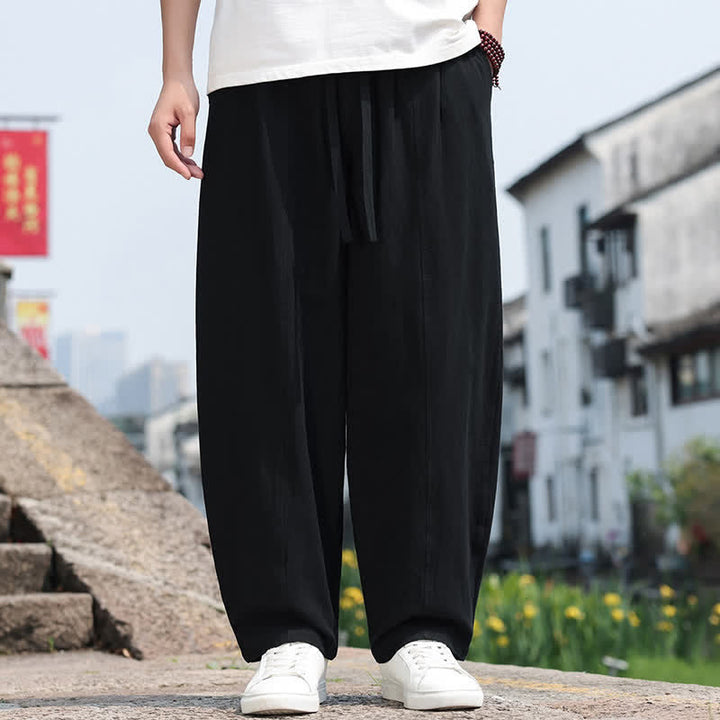 Buddha Stones 夏物カジュアルミニマリストドローストリング無地コットンロングパンツメンズハーレムパンツポケット付き - 黒 - US/UK/AU46, EU56 （5XL） - image 9