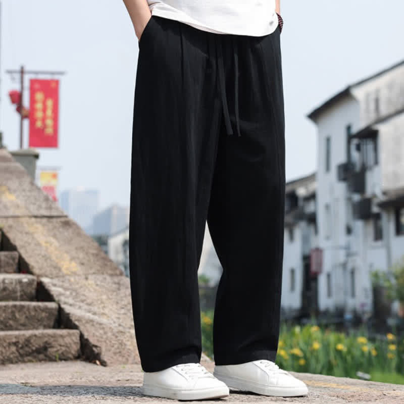 Buddha Stones 夏物カジュアルミニマリストドローストリング無地コットンロングパンツメンズハーレムパンツポケット付き - image 15