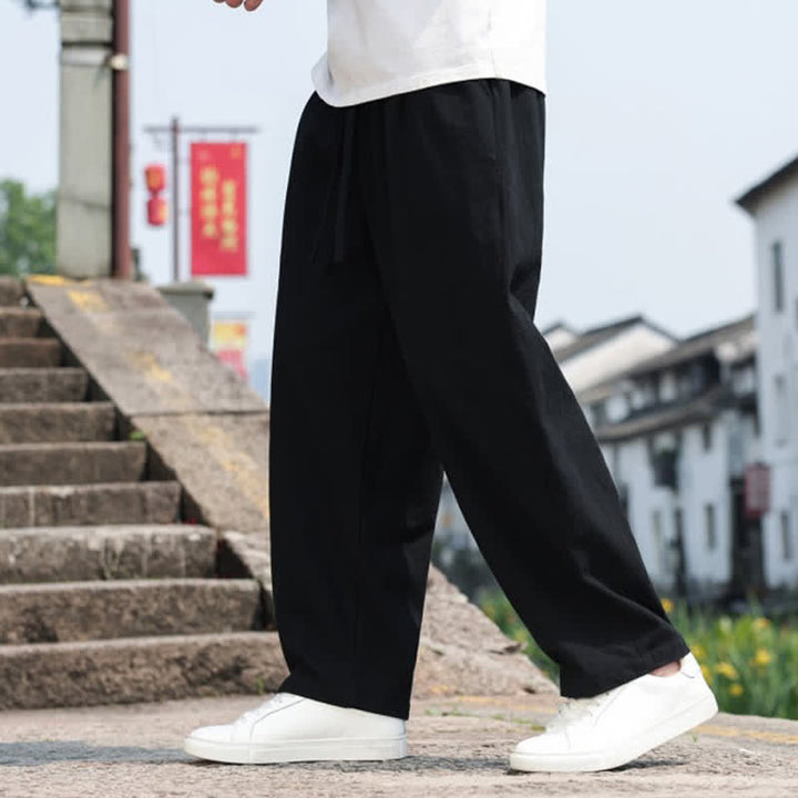 Buddha Stones 夏物カジュアルミニマリストドローストリング無地コットンロングパンツメンズハーレムパンツポケット付き - image 10