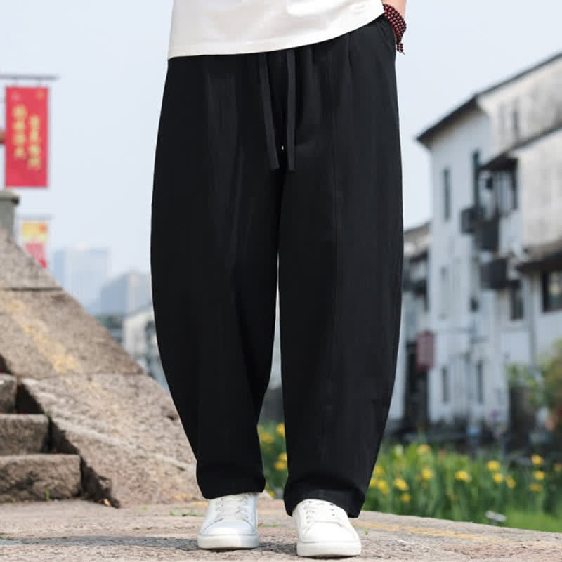 Buddha Stones 夏物カジュアルミニマリストドローストリング無地コットンロングパンツメンズハーレムパンツポケット付き - image 11