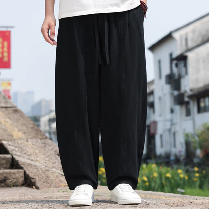Buddha Stones 夏物カジュアルミニマリストドローストリング無地コットンロングパンツメンズハーレムパンツポケット付き - image 14