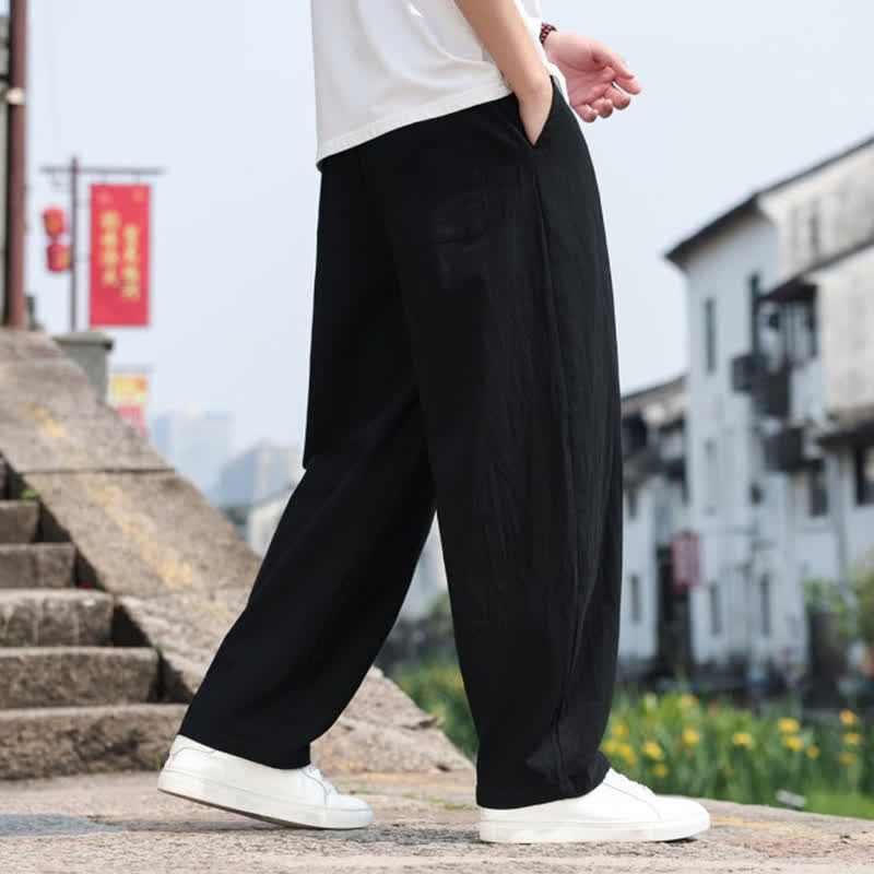 Buddha Stones 夏物カジュアルミニマリストドローストリング無地コットンロングパンツメンズハーレムパンツポケット付き - image 16