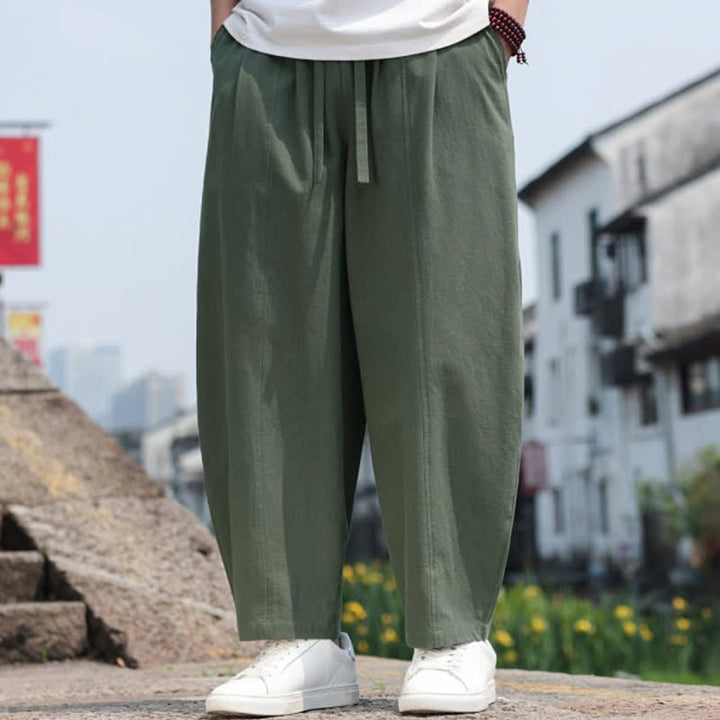 Buddha Stones 夏物カジュアルミニマリストドローストリング無地コットンロングパンツメンズハーレムパンツポケット付き - image 22