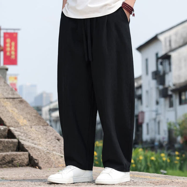 Buddha Stones 夏物カジュアルミニマリストドローストリング無地コットンロングパンツメンズハーレムパンツポケット付き - image 12