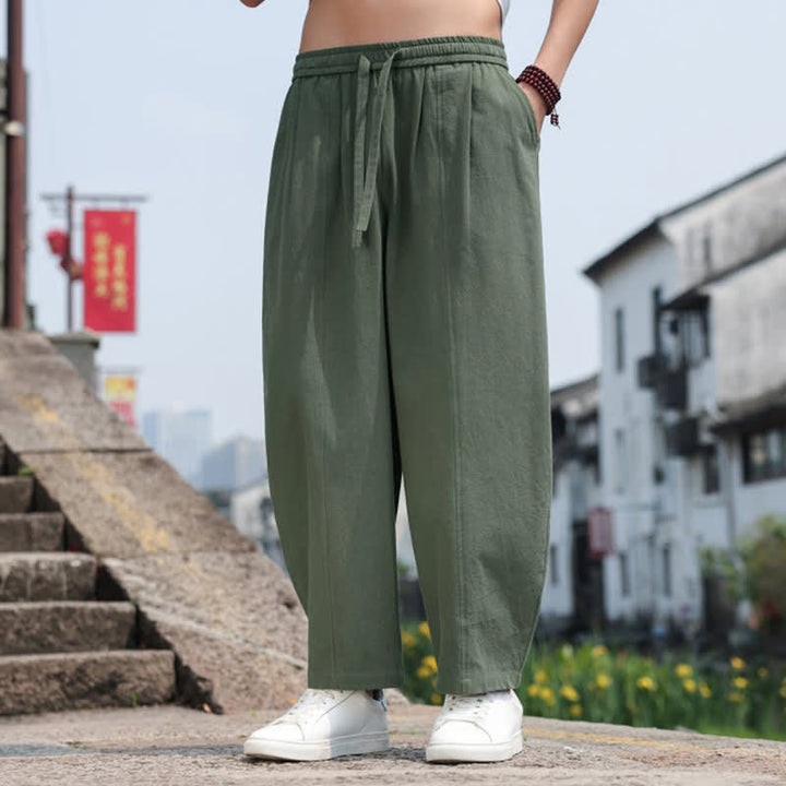 Buddha Stones 夏物カジュアルミニマリストドローストリング無地コットンロングパンツメンズハーレムパンツポケット付き - image 26