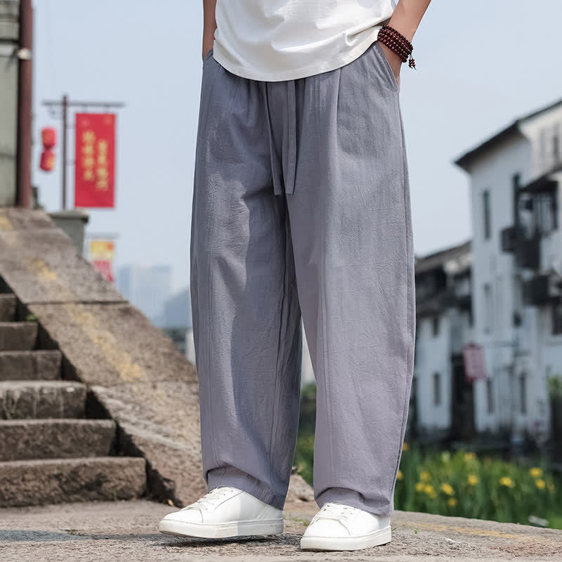 Buddha Stones 夏物カジュアルミニマリストドローストリング無地コットンロングパンツメンズハーレムパンツポケット付き - image 1