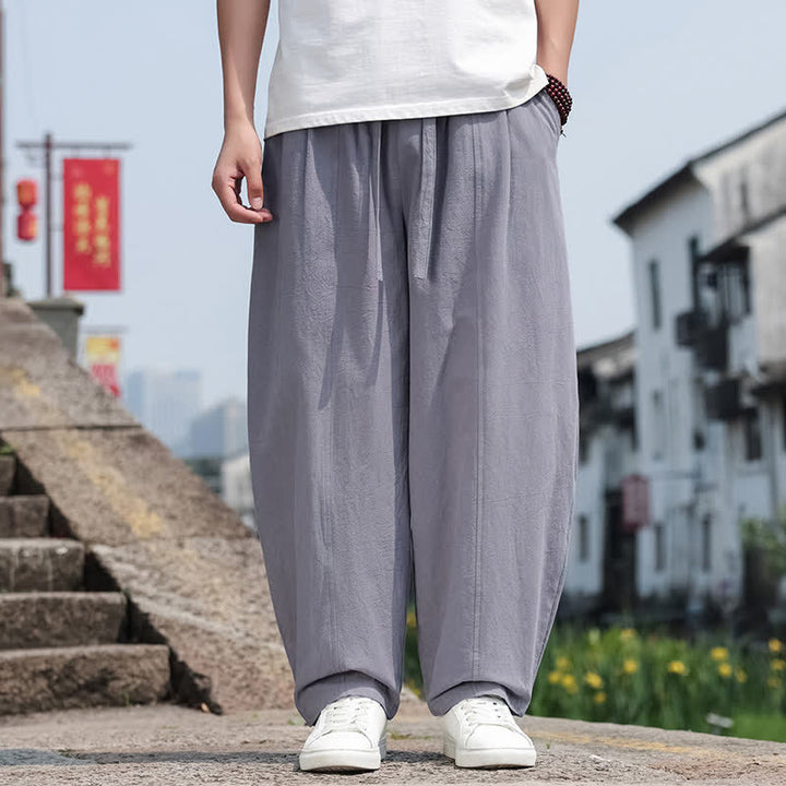 Buddha Stones 夏物カジュアルミニマリストドローストリング無地コットンロングパンツメンズハーレムパンツポケット付き - image 2
