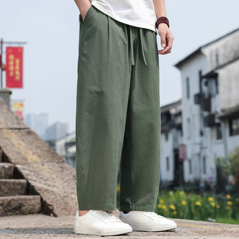 Buddha Stones 夏物カジュアルミニマリストドローストリング無地コットンロングパンツメンズハーレムパンツポケット付き - image 23