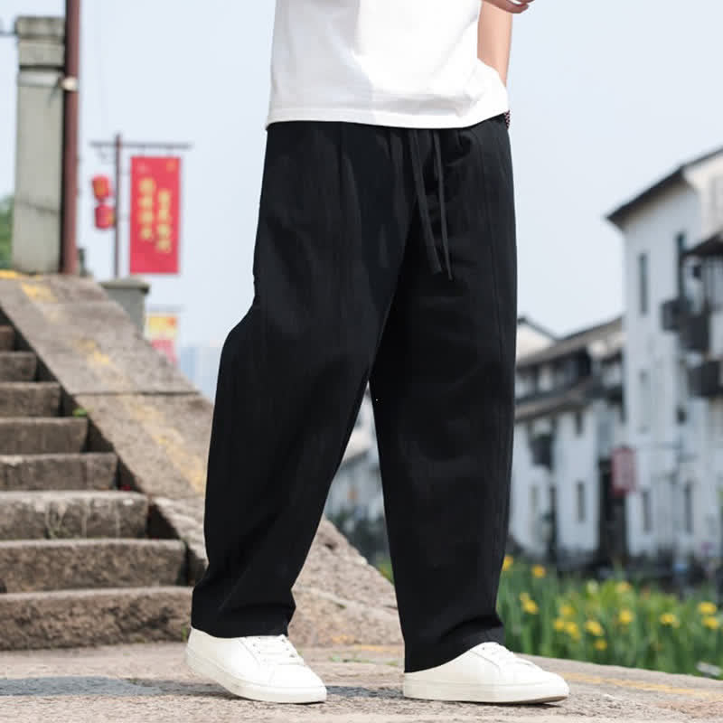 Buddha Stones 夏物カジュアルミニマリストドローストリング無地コットンロングパンツメンズハーレムパンツポケット付き - image 18