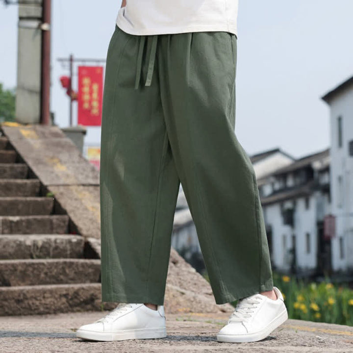Buddha Stones 夏物カジュアルミニマリストドローストリング無地コットンロングパンツメンズハーレムパンツポケット付き - image 27