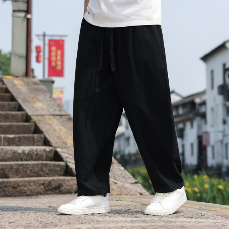 Buddha Stones 夏物カジュアルミニマリストドローストリング無地コットンロングパンツメンズハーレムパンツポケット付き - image 13